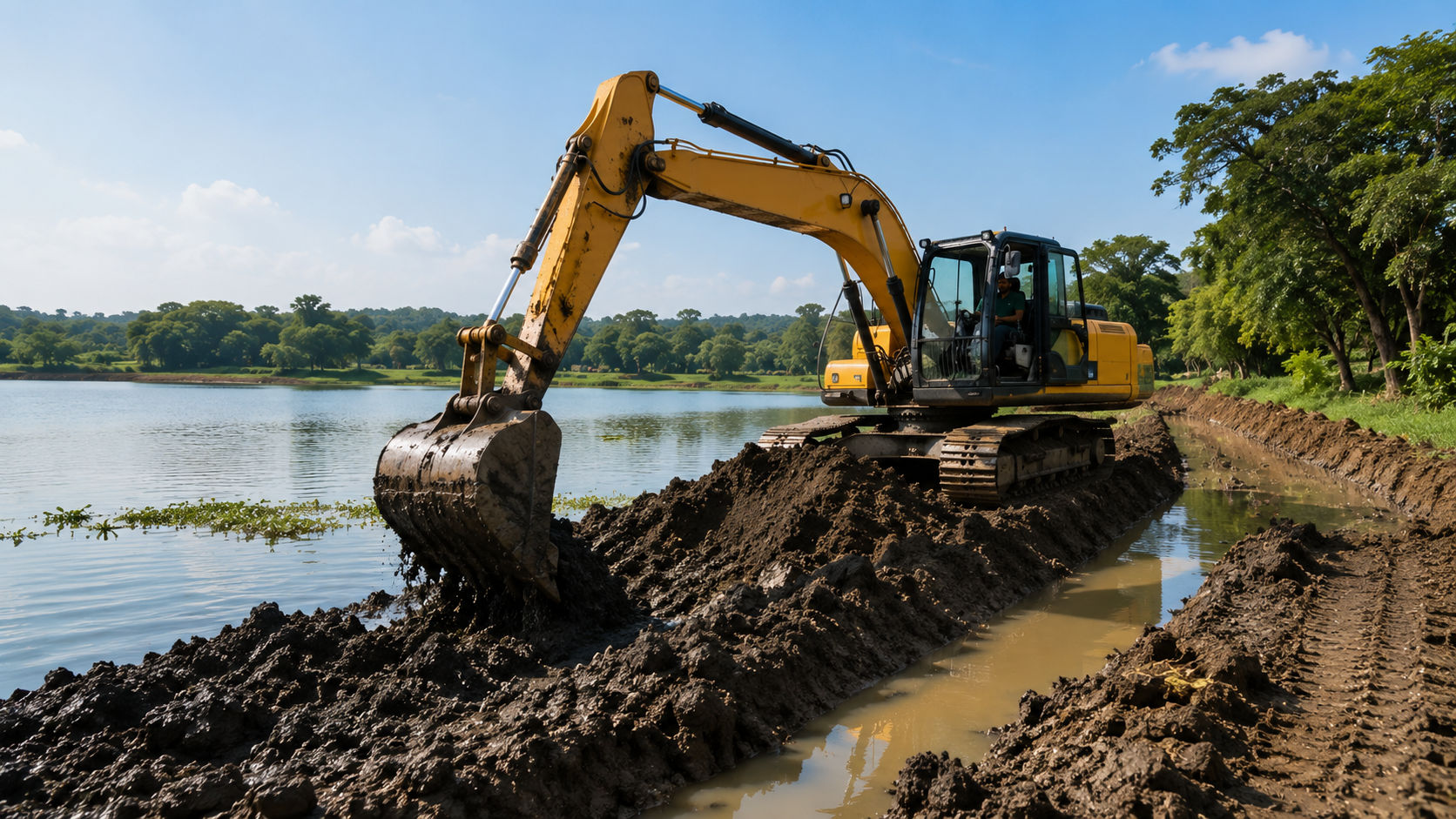 Desilting and lake restoration work using an excavator