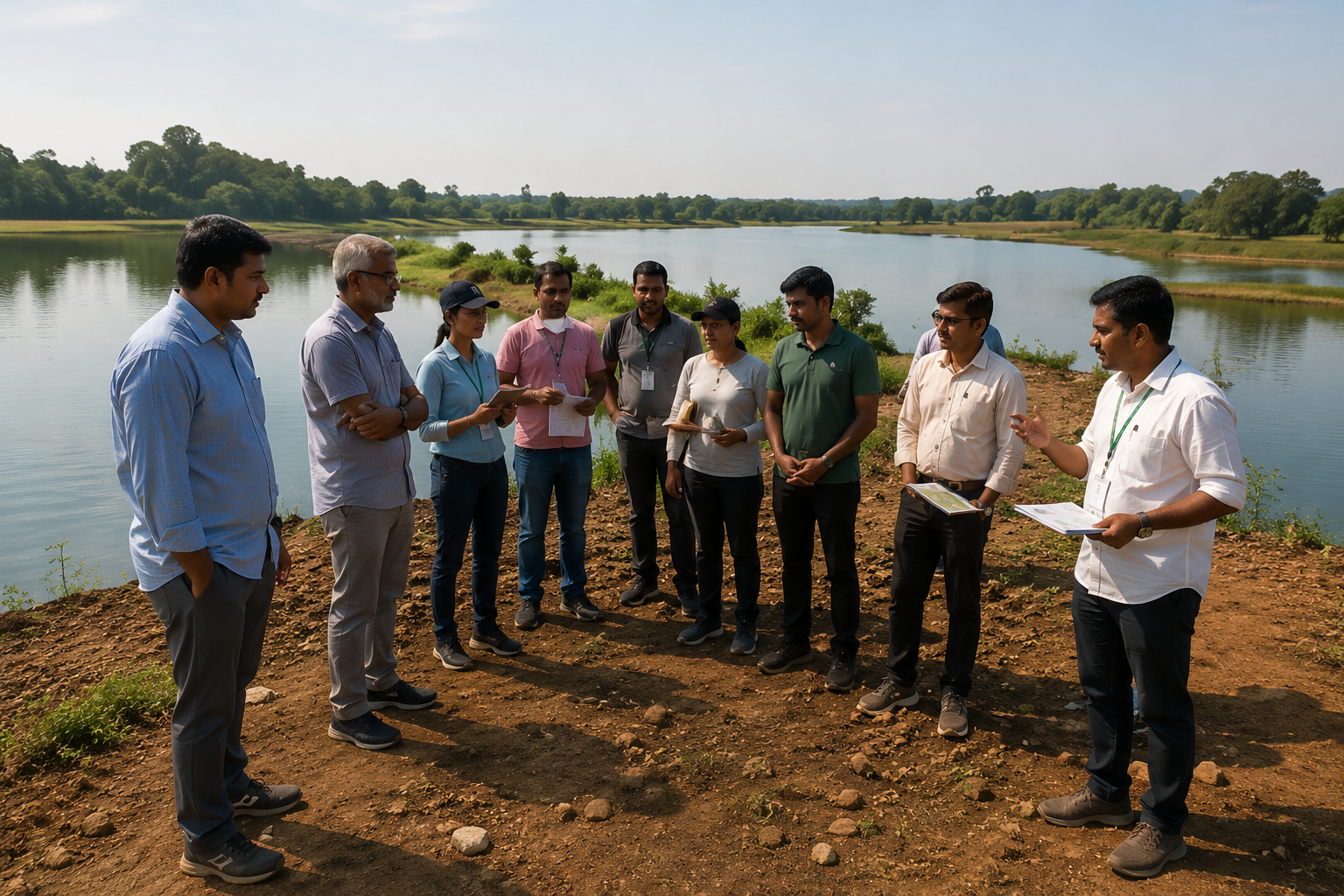 Community members and experts inspecting Sadahalli Lake